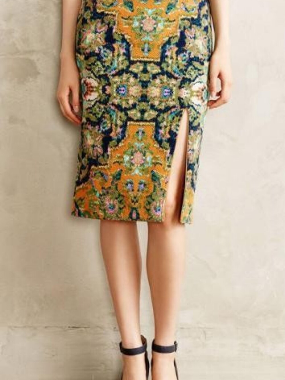 Anthropologie Maeve Tapestry Print Midi Skirt Sz Medium M Gold Blue